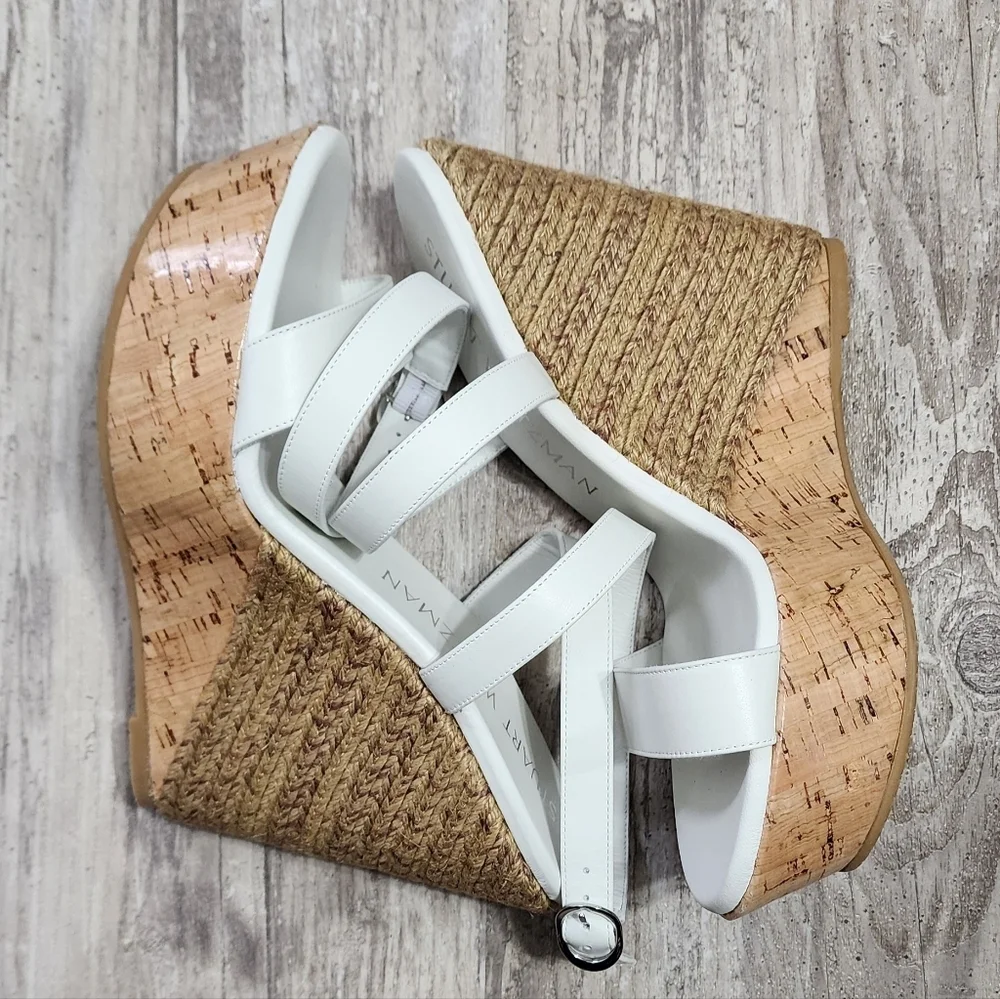 Stuart Weitzman 5050 Wedge Sandal Women's Size 10 White Natural Leather - Picture 13 of 14